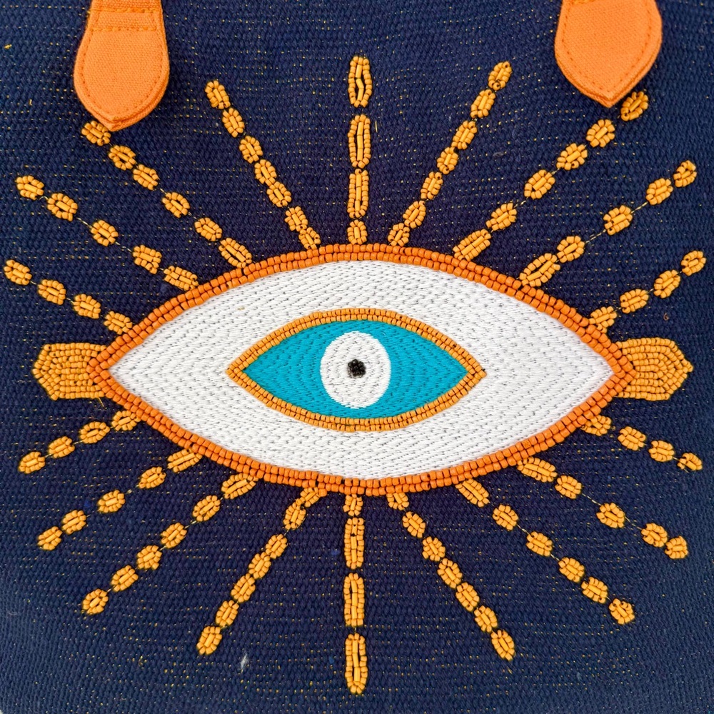 Evil Eye Navy Blue & Orange Beaded & Embroidered Tote Bag - Picture 3 of 7